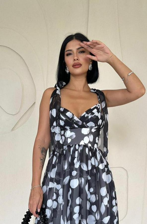 Siyah Şifon Drapeli Elbise