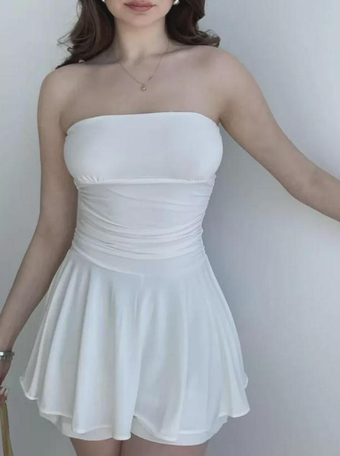 Straplez Mini Etek Görünümlü Şortlu Elbise Büzgülü Şık Yazlık