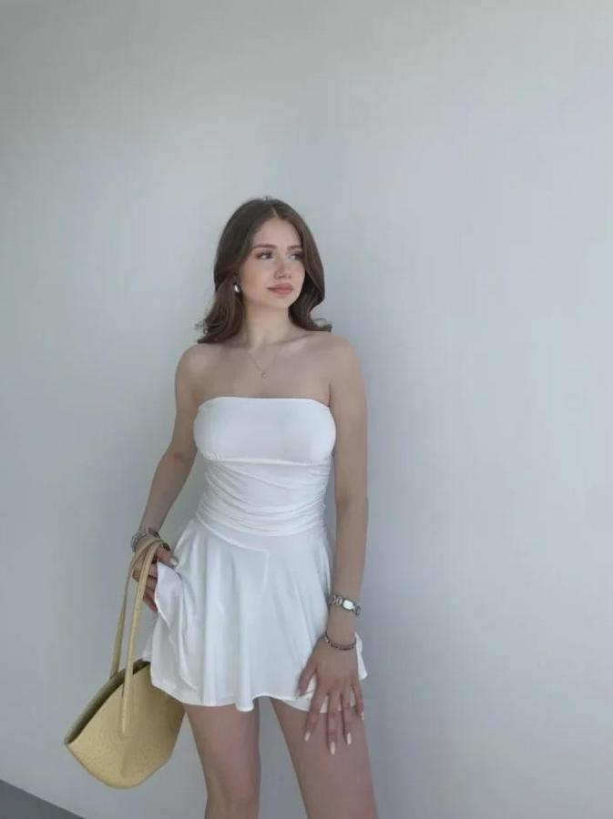 Straplez Mini Etek Görünümlü Şortlu Elbise Büzgülü Şık Yazlık