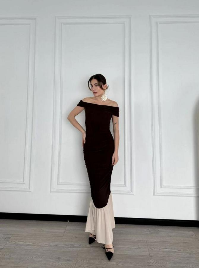 Striptiz Omuzlu Uzun Elbise- Kahve