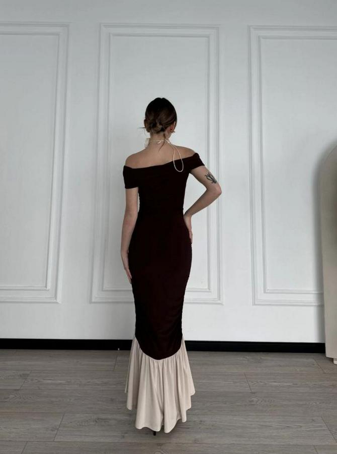 Striptiz Omuzlu Uzun Elbise- Kahve