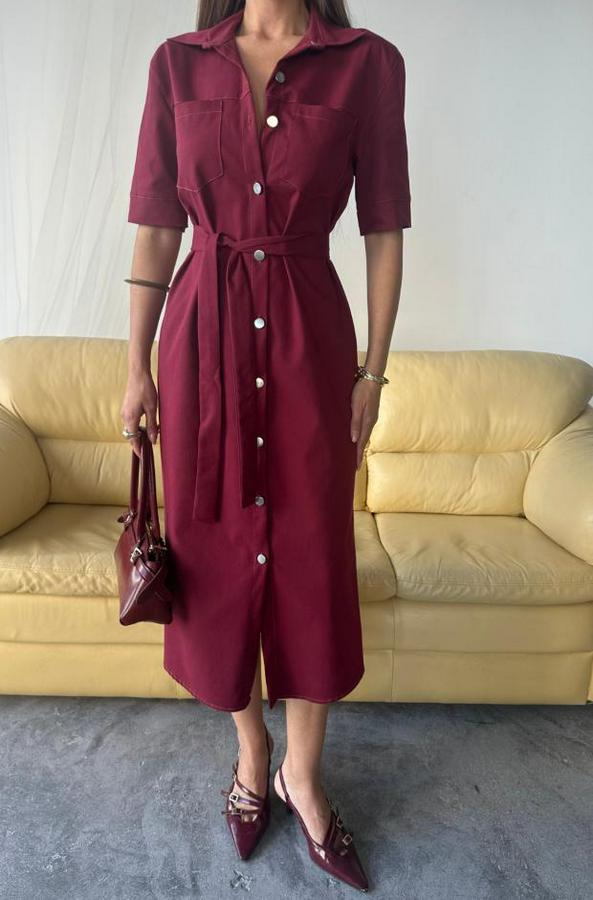 Tencel Önden Düğmeli Kisa Kol Elbise