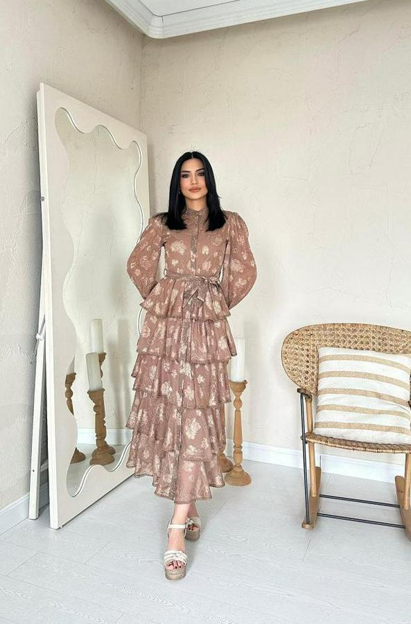 Vizon Valonlu Şeritli Kat Kat Elbise