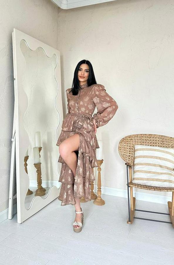 Vizon Valonlu Şeritli Kat Kat Elbise