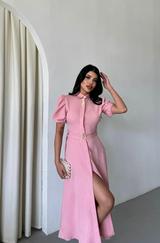Yaka Düğme Detayli Elbise- Pembe