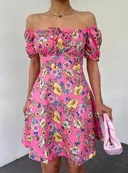 Yakası Lastikli Bağcık Detaylı Mini Elbise -Pembe