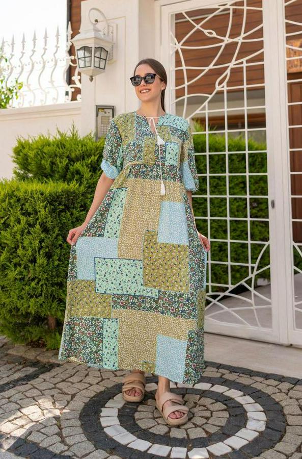 Yeşil Salaş Desenli Elbise