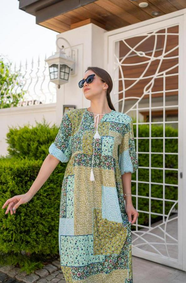 Yeşil Salaş Desenli Elbise