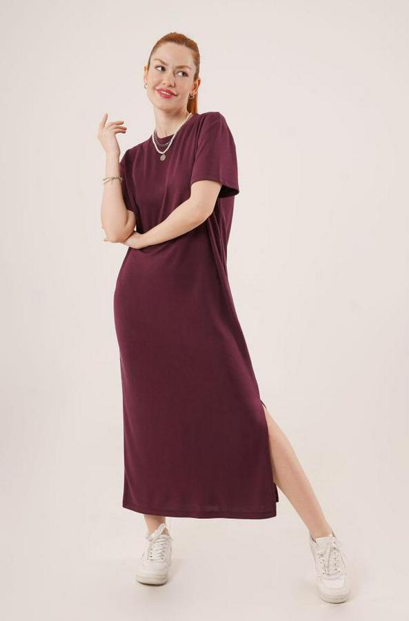 Yırtmaç Detaylı Kısa Kollu Salaş Maxi Bordo Elbise
