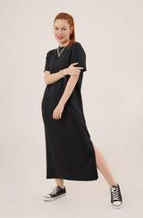 Yırtmaç Detaylı Kısa Kollu Salaş Maxi Siyah Elbise