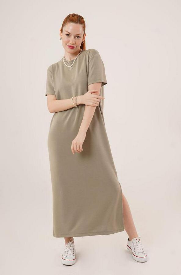 Yırtmaç Detaylı Kısa Kollu Salaş Maxi Yağ Yeşili Elbise