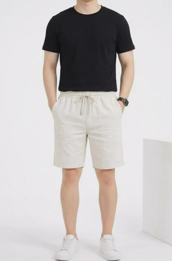 Keten Kumaş Cepli Rahat Kesim Bel Lastikli Şort