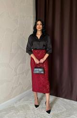 Bordo Pulpayetli Parlak Etek