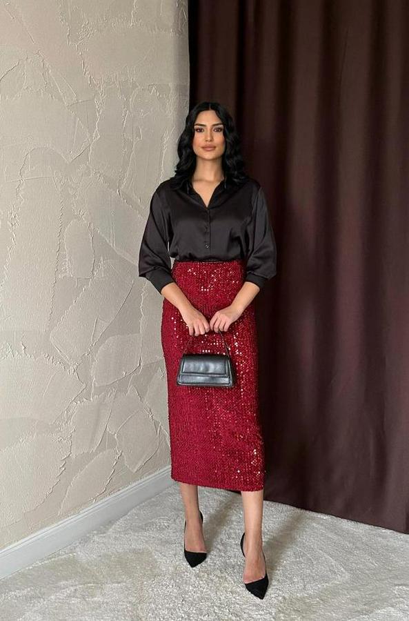 Bordo Pulpayetli Parlak Etek