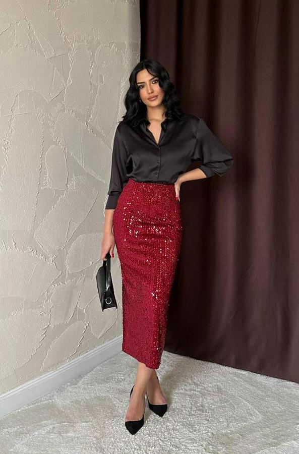 Bordo Pulpayetli Parlak Etek