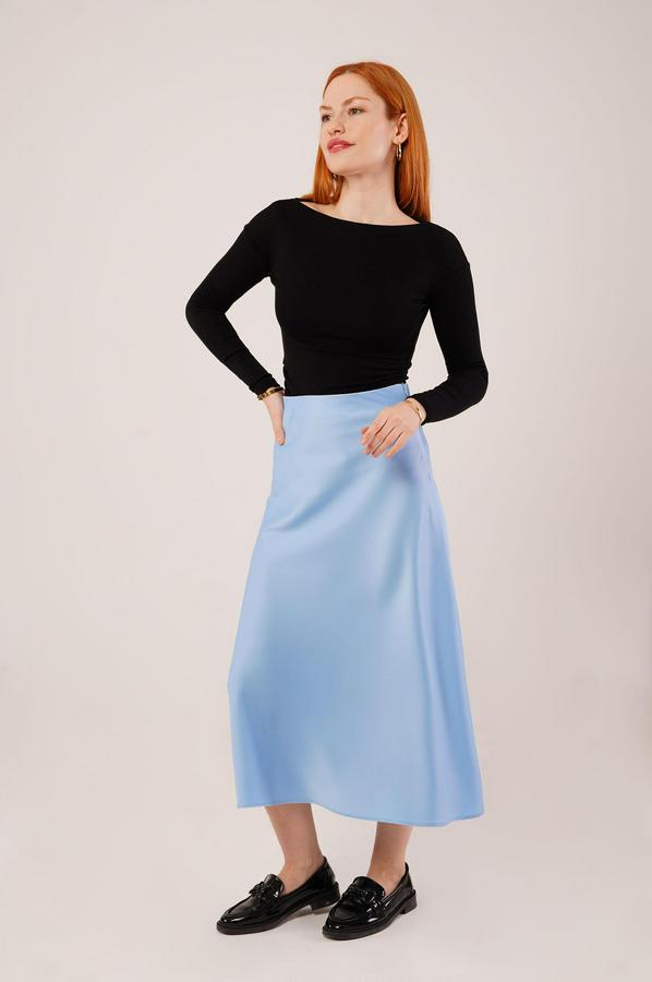 Çan Kesim Midi Mavi Saten Etek