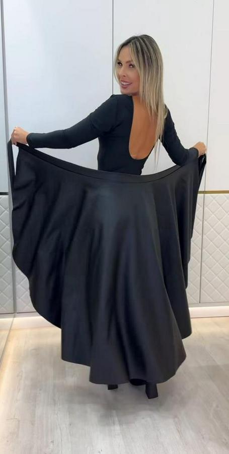 Belden Kuşaklı Uzun Deri Etek