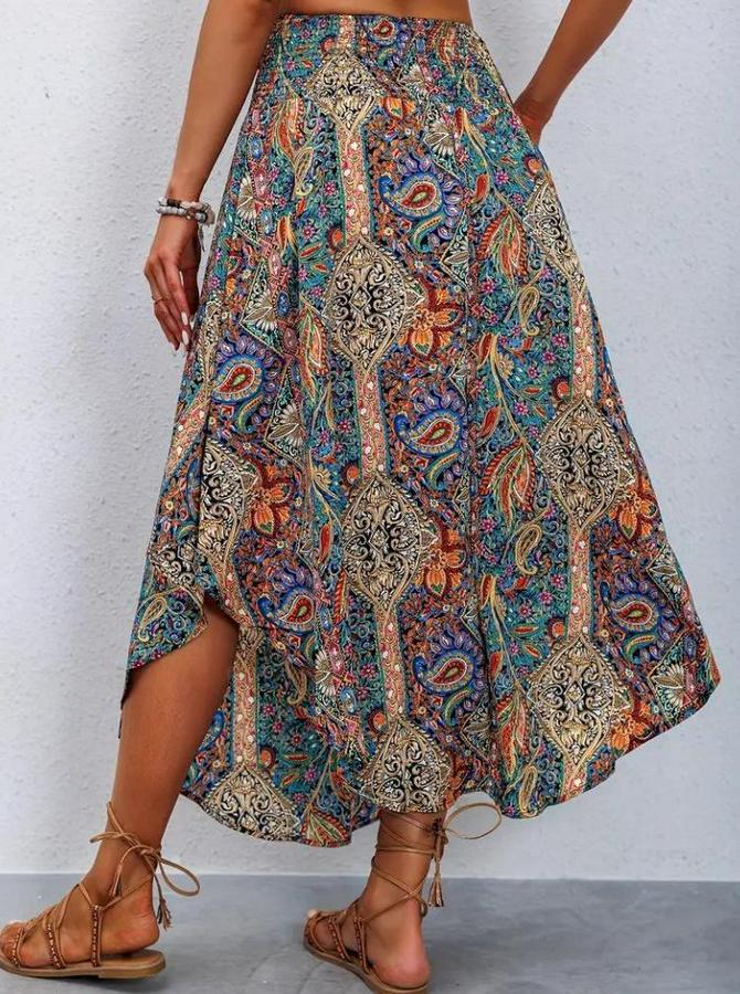 Beli Lastikli Bağcıklı Asimetrik Kesim Detaylı Desenli Bürümcük Etek