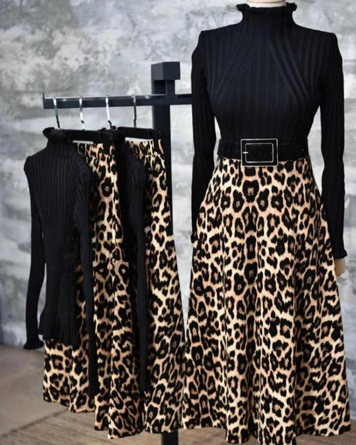 Beli Lastikli Leopar Desenli Krep Kumaş Efsane Etek Kemersiz