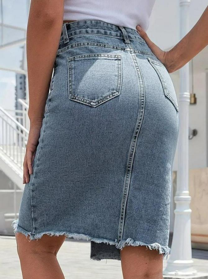 Elastik Bel Yırtık Kenar Detaylı Kot Etek