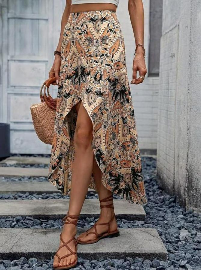 Yüksek Bel Çiçek Desenli Önü Asimetrik Detaylı Uzun Süprem Etek