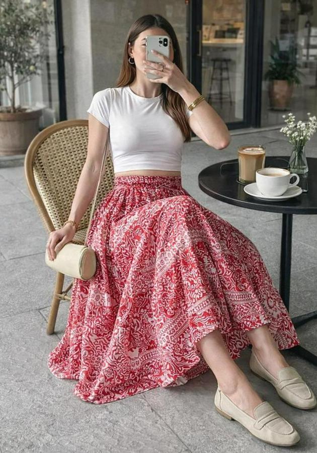 Yüksek Bel Etnik Desen Baskılı Beli Lastikliastarlı Etek