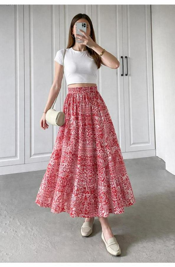 Yüksek Bel Etnik Desen Baskılı Beli Lastikliastarlı Etek