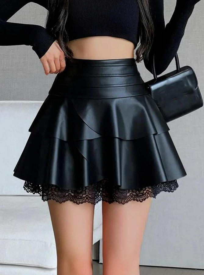 Yüksek Bel Fırfırlı Dantelli Kısa Deri Etek