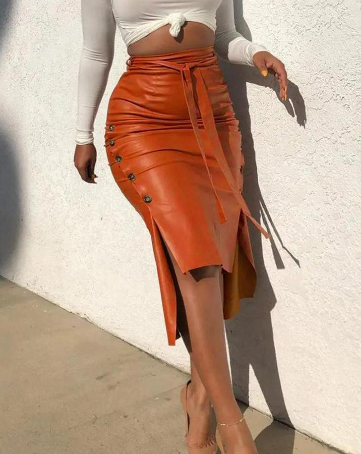 Yüksek Bel Kuşaklı Yanlardan Düğmeli Mini Deri Etek