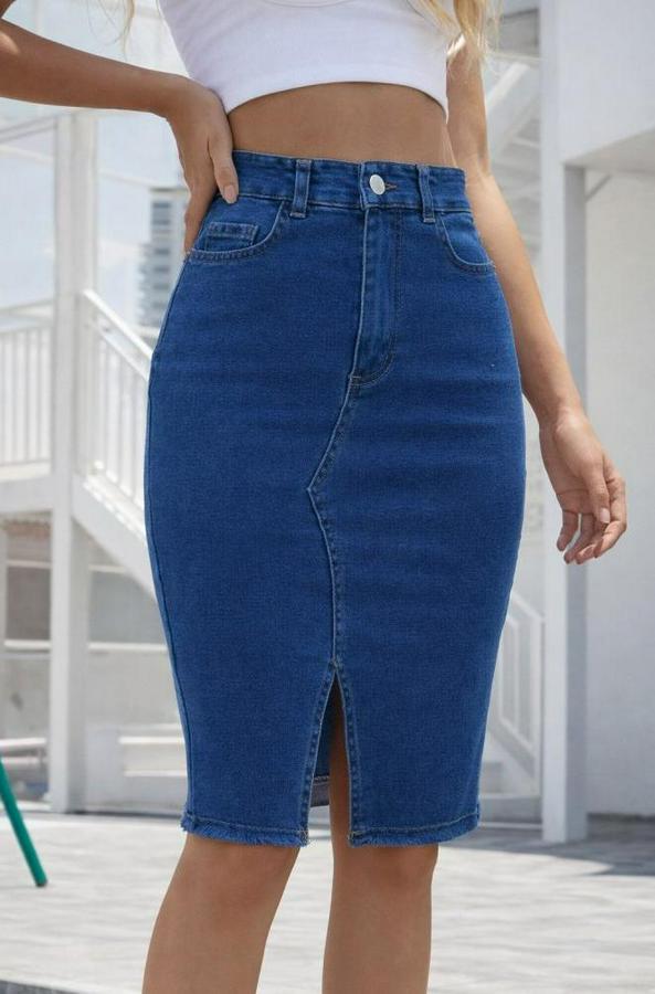 Yüksek Bel Önden Yırtmaçlı Kısa Kot Etek