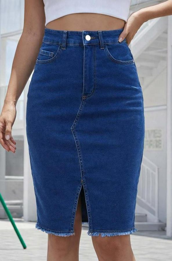 Yüksek Bel Önden Yırtmaçlı Kısa Kot Etek