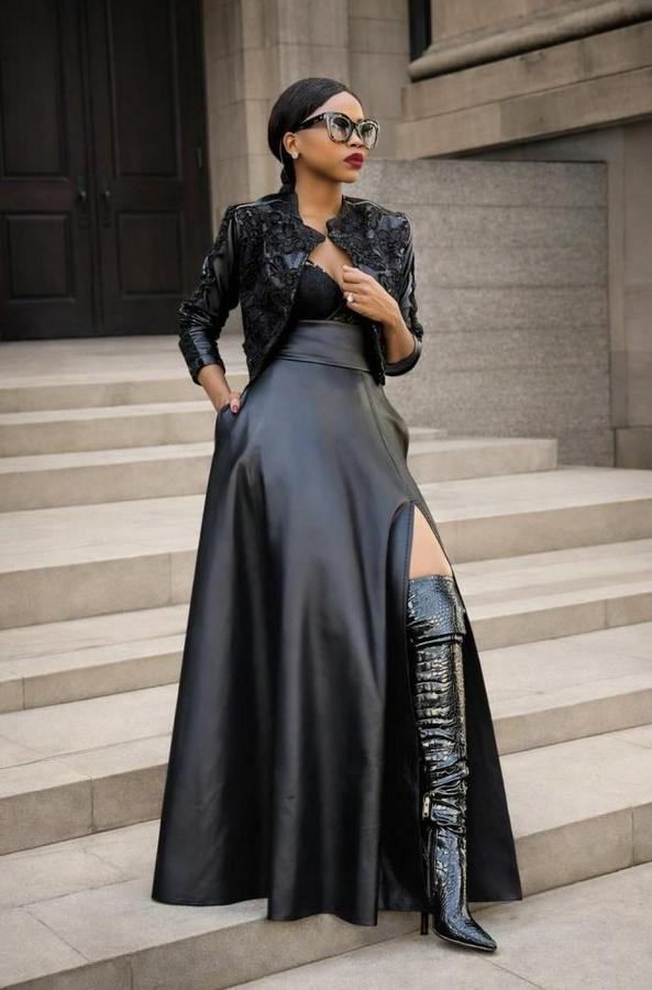 Yüksek Bel Uzun Yırtmaçlı Deri Etek