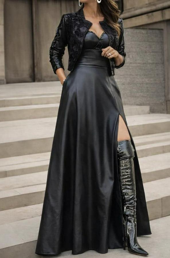 Yüksek Bel Uzun Yırtmaçlı Deri Etek