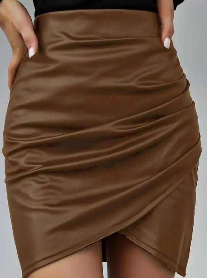 Yüksek Bel Yandan Fermuarlı Pileli Mini Deri Etek