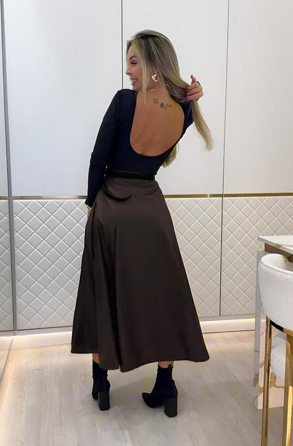 Yüksek Belli Maxi Deri Kemersiz Etek