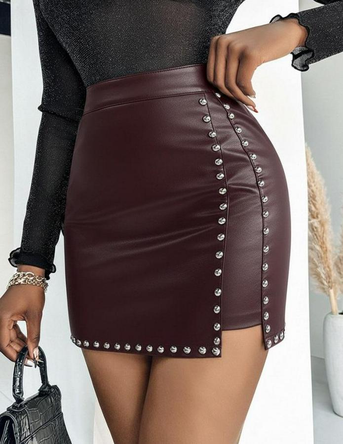 Yüksek Belli Yandan Çivili Mini Deri Etek