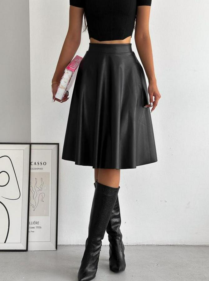 Yüksel Bel Deri Kloş Etek
