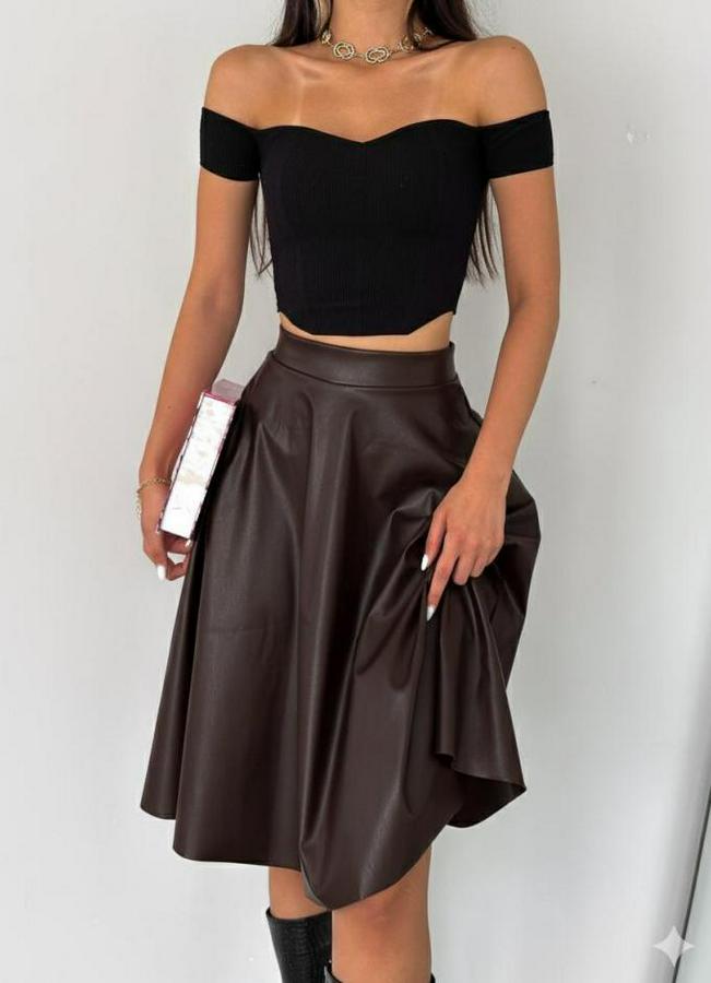 Yüksel Bel Deri Kloş Etek