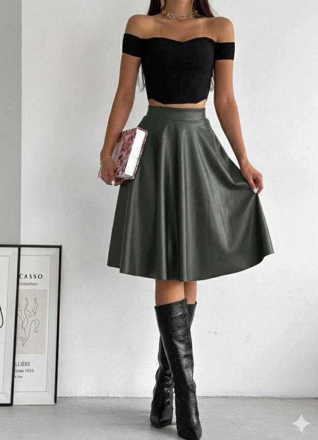 Yüksel Bel Deri Kloş Etek