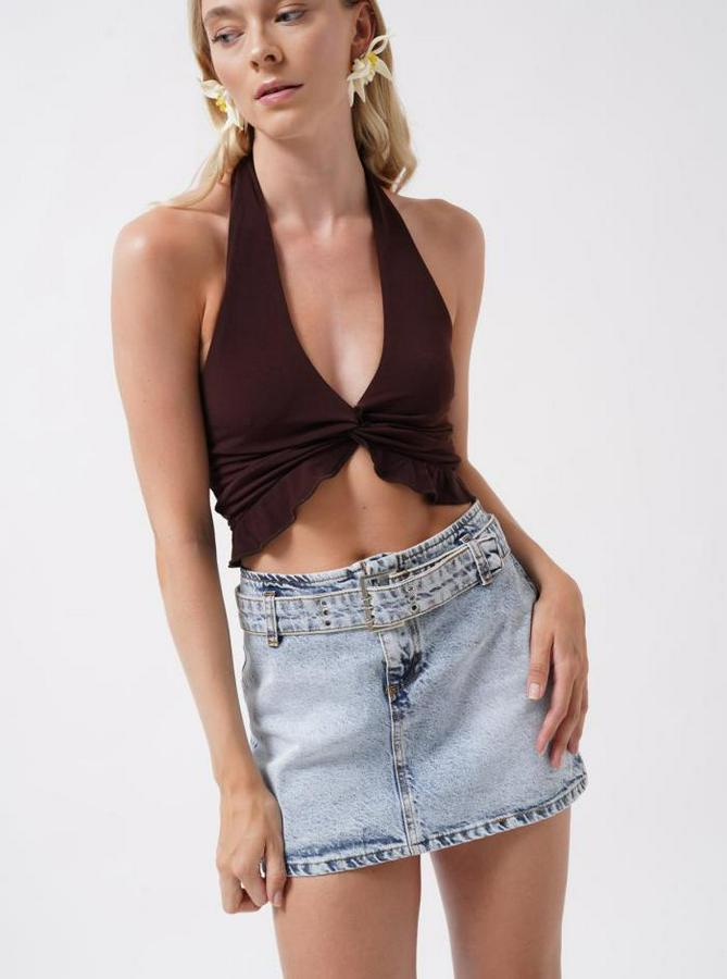 Kemer Detay Denim Mini Etek