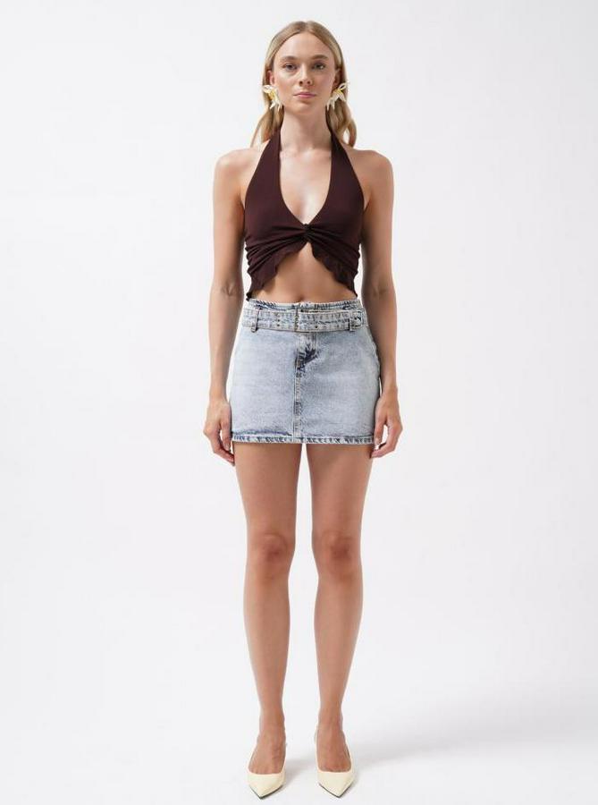 Kemer Detay Denim Mini Etek