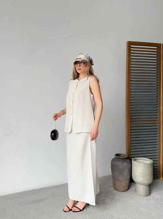 Keten Kolsuz Hırka Etek Ikili Takım- Beyaz