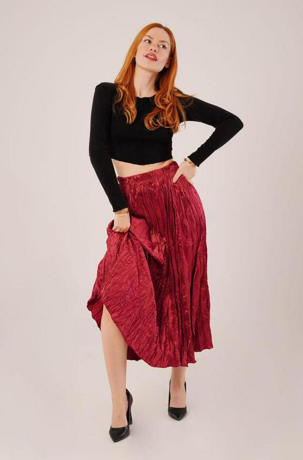 Midi Boy Pileli Saten Bordo Etek