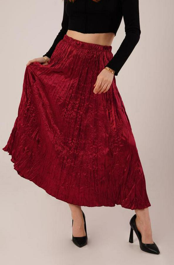 Midi Boy Pileli Saten Bordo Etek