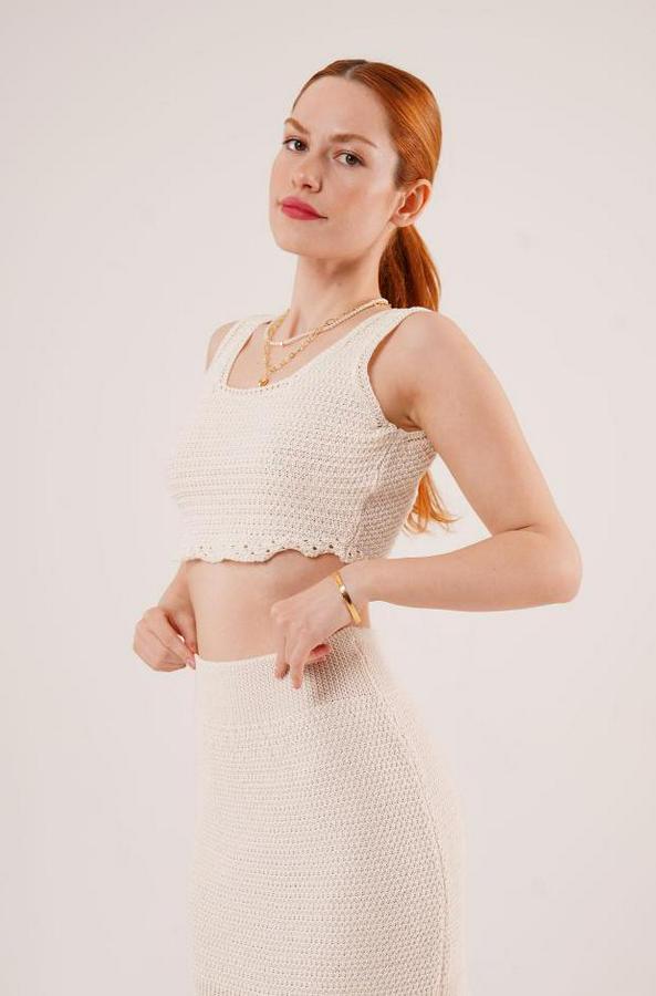 Örme Detaylı Etek Ve Bluz Krem Takım
