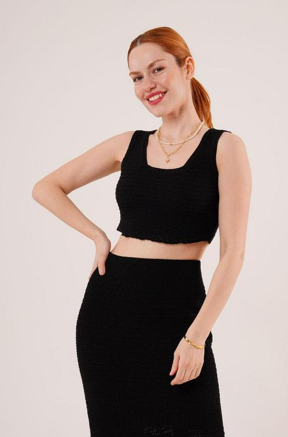 Örme Detaylı Etek Ve Bluz Siyah Takım