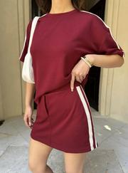 Osy Modal Yumuşak Dokulu Kumaş Parçalı Bisiklet Yaka T-Shirt Mini Şortlu Etek Ikili Takım -Bordo