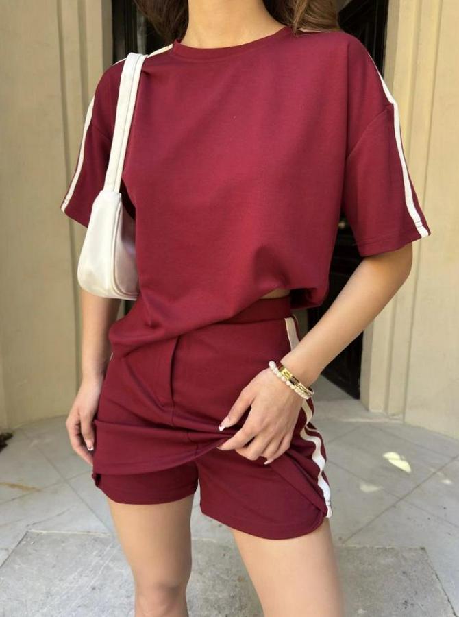 Osy Modal Yumuşak Dokulu Kumaş Parçalı Bisiklet Yaka T-Shirt Mini Şortlu Etek Ikili Takım -Bordo