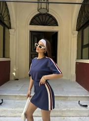 Osy Modal Yumuşak Dokulu Kumaş Parçalı Bisiklet Yaka T-Shirt Mini Şortlu Etek Ikili Takım -Lacivert