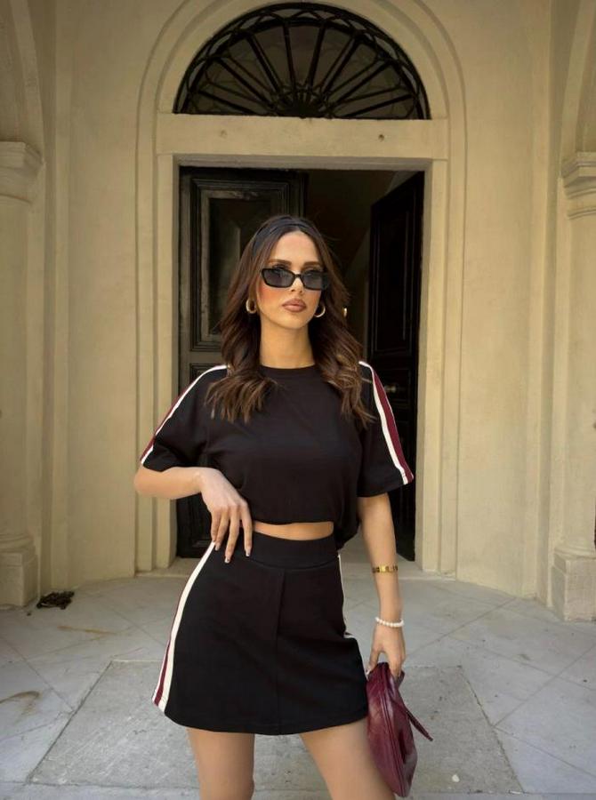 Osy Modal Yumuşak Dokulu Kumaş Parçalı Bisiklet Yaka T-Shirt Mini Şortlu Etek Ikili Takım